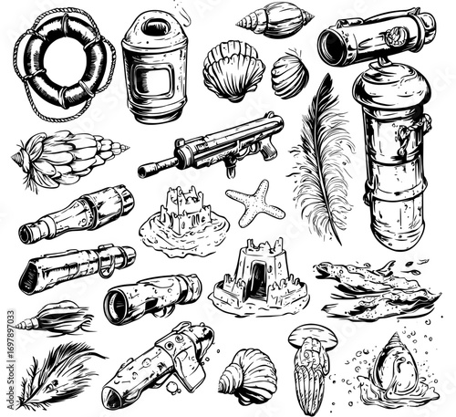 Marine life and beach toys are depicted in the summer collection drawings