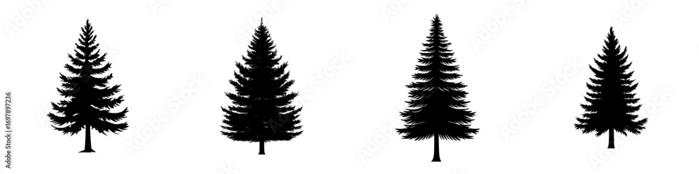 Obraz premium Four minimalist black-and-white silhouettes of evergreen trees arranged in a simple vector illustration