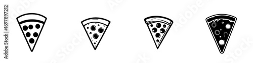 Vector illustration of minimalist black-and-white pizza slice silhouettes showcasing different toppings and styles