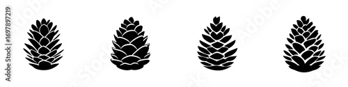 Stylized black-and-white vector illustration of minimalist pine cones in a row, showcasing natural forms through simple silhouette design