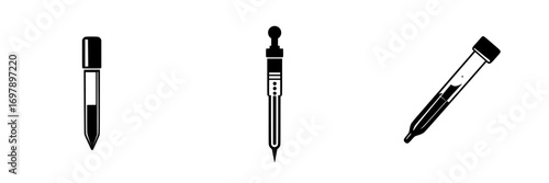 Detailed vector illustration of laboratory equipment including a test tube, pipette, and dropper in black-and-white minimalist design