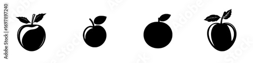 Vector illustration of minimalist black-and-white fruit silhouettes showcasing various apple and orange designs