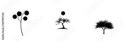 Nature-inspired minimalist black-and-white vector illustration featuring various tree silhouettes with simplistic design