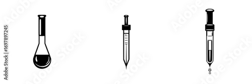 Black-and-white minimalist vector illustration of laboratory glassware showcasing a flask, pipette, and test tube