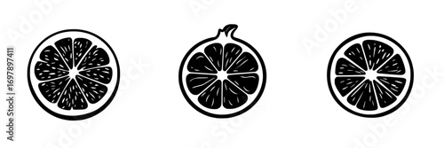 Citrus fruit slices depicted in a black-and-white minimalist vector illustration showcasing simple silhouettes
