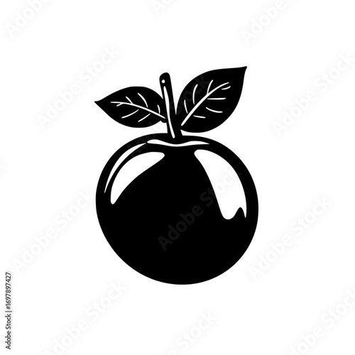 Black and white vector illustration of a minimalist apple silhouette with leaves