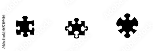 Minimalist black-and-white puzzle piece icons representing connection, creativity, and problem solving in a simple silhouette style