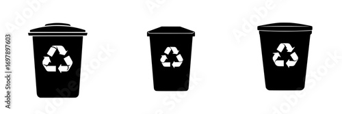 Minimalist vector illustration of three black-and-white recycling bins with circular arrows symbol in a simple design style