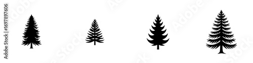 Minimalist black-and-white vector illustration of various pine tree silhouettes arranged in a row