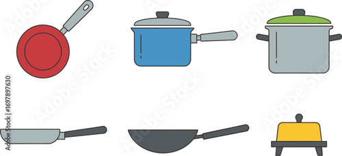 Collection of colorful kitchen cookware and utensils for preparing meals