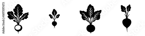 Minimalist black-and-white vector illustration of radish silhouettes in varying sizes for design use