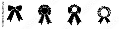 Vector illustration of black-and-white minimalist award ribbons and laurel wreath icons for decoration or achievement themes