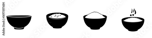 Simple silhouette representation of four bowls with varying amounts of rice in minimalist black-and-white vector illustration