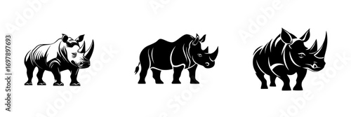 Vector illustration of minimalist black-and-white rhinoceros silhouettes showcasing their unique forms and features