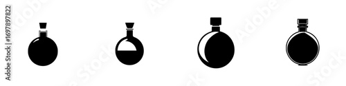 Minimalist vector illustration of black-and-white potion bottles in various shapes and proportions