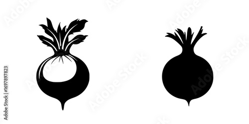 Minimalist vector illustration of black-and-white turnip silhouettes showcasing distinct shapes and details in a simplistic style