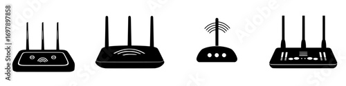 Vector illustration of black and white minimalist internet router icons in simple silhouette style