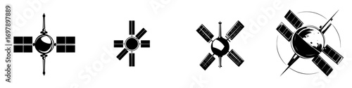 Minimalist black-and-white vector illustration of satellite silhouettes representing space exploration and technology