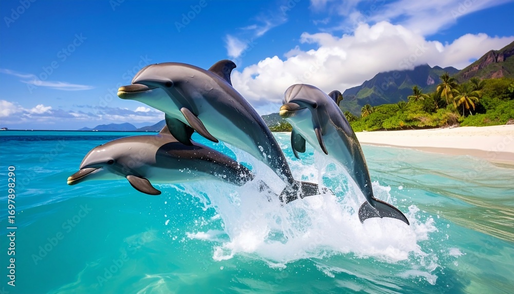 Fototapeta premium Three Dolphins Leaping Joyfully in Tropical Waters