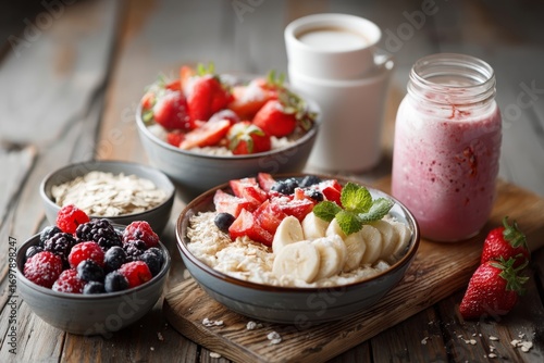 Healthy breakfast with oatmeal fruit and smoothie on wooden table