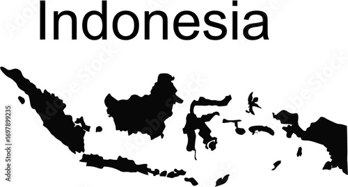 A black silhouette map of the country of Indonesia with its name written in text above the islands.