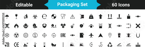 Cardboard packaging icons set, Cargo shipping box and product labeling symbol vector.
