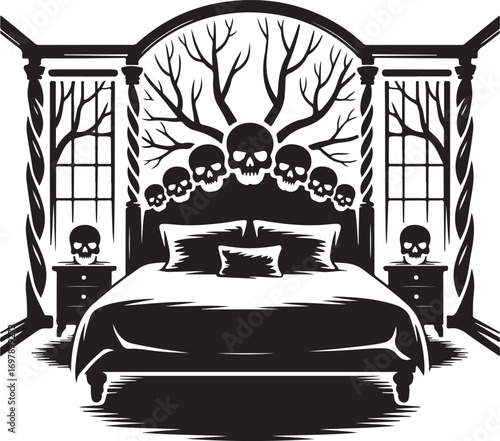Spooky Bedroom Scene with Skulls and Bare Tree Branches nightstand furniture