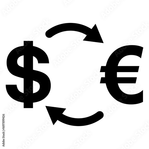 Icono intercambio de monedas. Logo cambio de divisas. Silueta de símbolo de dólar y de euro con flechas girando 