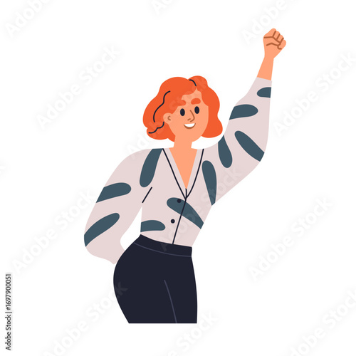 Happy strong woman with clenched fist, arm up, smiling. Powerful female activist with hand raised for strength, empowerment, freedom, rights. Flat vector illustration isolated on white background