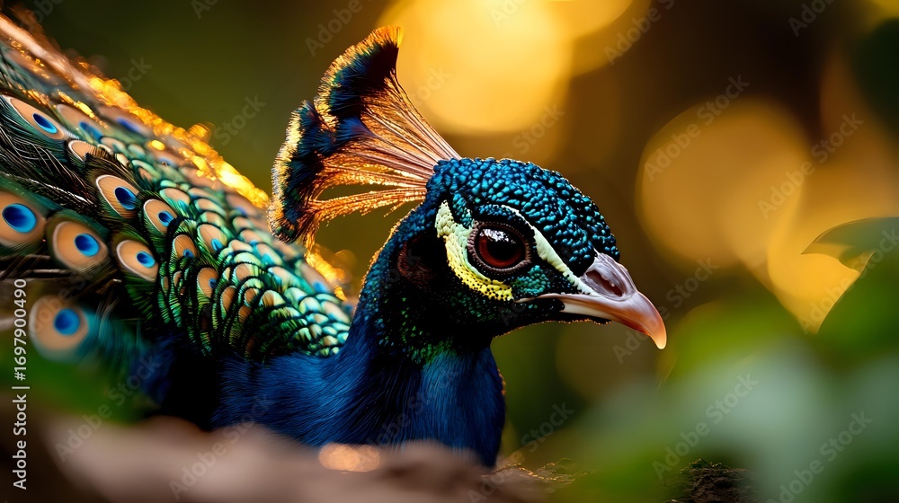 Obraz premium Close up portrait of majestic peacock head with iridescent blue feathers and distinctive eye pattern against warm bokeh background, showing intricate natural detail.