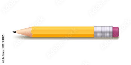 Realistic yellow sharpened pencil with red eraser isolated on white background. Vector 3d illustration.