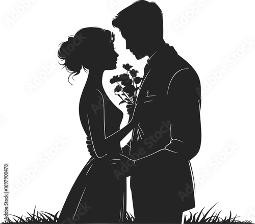 Romantic couple silhouette, man and woman illustration, love artwork design, floral bouquet scene, relationship vector, cad drawing flat vector illustration