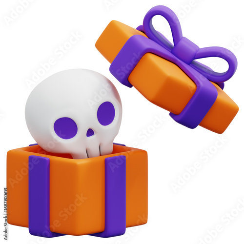 3D illustration of a spooky skull popping out of an orange gift box with a purple ribbon, perfect for Halloween celebrations and themed events