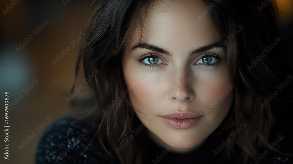 Fototapeta premium Young woman with striking blue eyes and dark wavy hair gazing intensely at camera against blurred background, wearing black sweater. Natural makeup enhances facial features.