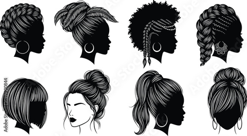 Women hairstyle silhouette collection, elegant female hair bun, braid, ponytail, afro, bob cut, fashion beauty salon concept, vector art