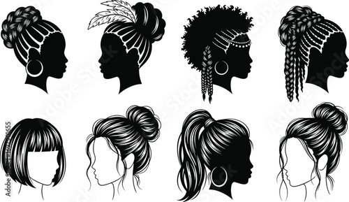 Women hairstyle silhouette, bun, braids, afro, ponytail, modern haircut, fashion hair design, female head profile, black and white