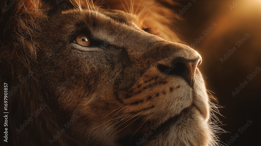 Naklejka premium Lion's Profile: Majestic Portrait of Feline Power and Graceful Majesty
