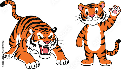 Cartoon tigers with contrasting emotions – aggressive roaring tiger and friendly waving tiger, wild animal characters in expressive poses, jungle scene.