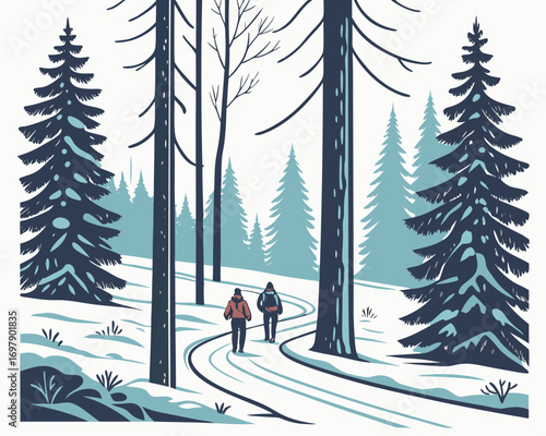 Winter forest with tall pine trees covered in snow,  vector landscape illustration