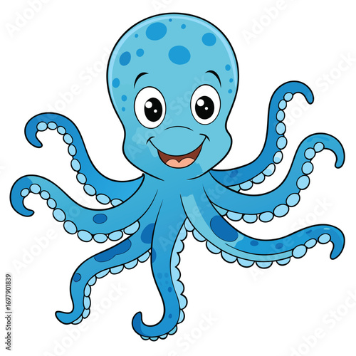 Happy Cartoon Blue Octopus with Big Eyes on White Background