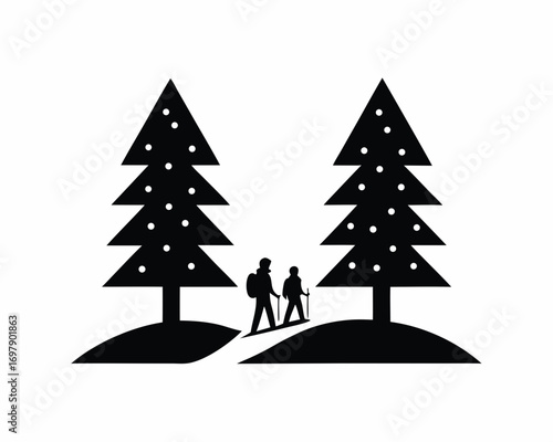 Winter forest with tall pine trees covered in snow, hikers walking on snowy path,  vector landscape illustration