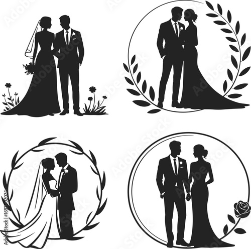 Wedding couple silhouette, bride and groom artwork, romantic marriage design, floral wreath decoration, love illustration vector, cad drawing flat vector illustration