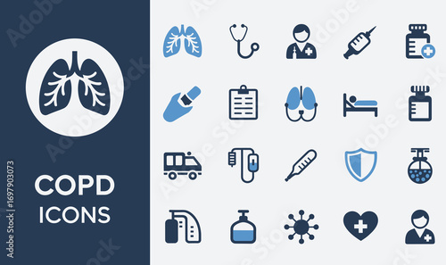 Illustrative Icons Representing Symptoms, Treatments, and Medical Care Associated with Chronic Obstructive Pulmonary Disease (COPD) for Educational and Informative Purposes