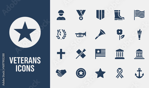 A Comprehensive set of Iconic Symbols Representing Veterans, Their Service, and Advocacy for Honoring Their Sacrifices in a Minimalist Design