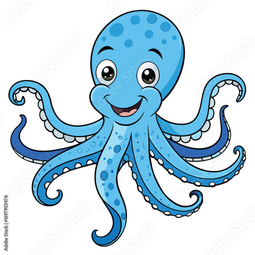 Joyful Blue Octopus Cartoon Character with Tentacles on White Background