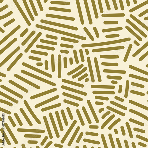 Olive lines scatter on beige in a modern abstract repeat, perfect for wallpaper or textiles