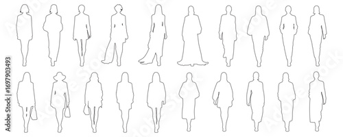 Architectural Drawings  fashion runway models walking in stylish poses outline vector illustration,  front view, human person Minimal style hand drawn. Sections, Elevations, Floor Plans