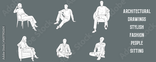 Architectural Drawings stylish modern fashion people sitting in relaxed and elegant poses vector illustration,  front view, human person Minimal style hand drawn. Sections, Elevations, Floor Plans