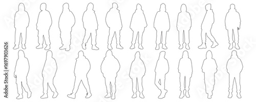 Architectural Drawings trendy streetwear fashion people in casual modern outfits, standing and walking poses outline vector illustration, front view, human person Minimal style hand drawn. 