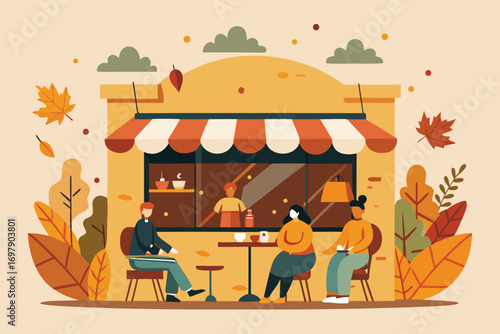 Charming illustration of an autumn cafe exterior, showing people enjoying coffee together and the cozy atmosphere of fall, complete with warm colors and falling leaves.